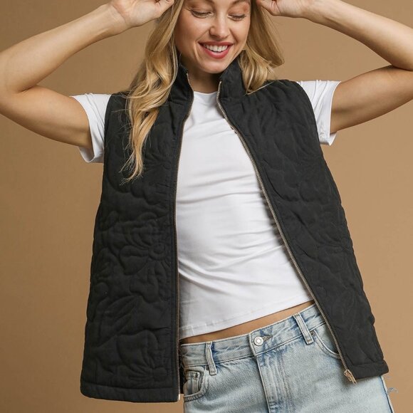 Umgee Quilted Floral Zip Up Vest with Pockets - Picture 1 of 5